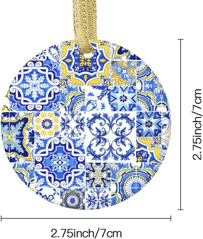 Blue and Yellow Tile, Portugal Tile Christmas Ornament Ceramic Circle 3 inch in Saudi Arabia