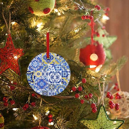 Blue and Yellow Tile, Portugal Tile Christmas Ornament Ceramic Circle 3 inch in Saudi Arabia