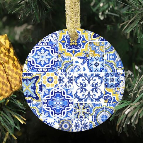 Blue and Yellow Tile, Portugal Tile Christmas Ornament Ceramic Circle 3 inch in Saudi Arabia