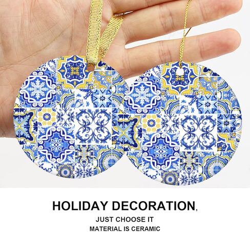 Blue and Yellow Tile, Portugal Tile Christmas Ornament Ceramic Circle 3 inch in Saudi Arabia