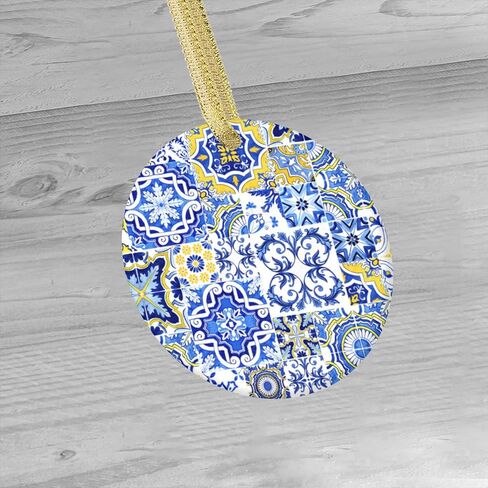 Blue and Yellow Tile, Portugal Tile Christmas Ornament Ceramic Circle 3 inch in Saudi Arabia