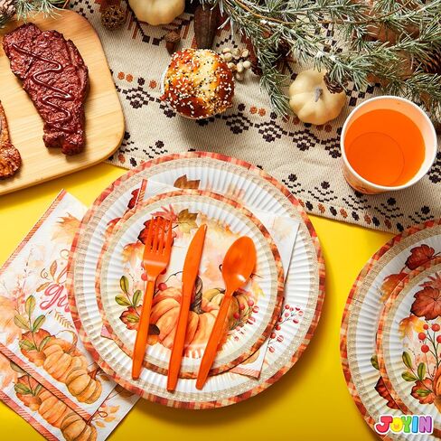 مجموعة أطباق ورقية لعيد الشكر مكونة من 168 قطعة من JOYIN، أواني طعام للاستعمال مرة واحدة للتجمع الاحتفالي، وحفلات عيد الشكر، وحصاد الخريف، ومجموعة أواني طعام ورقية ذهبية للاستعمال مرة واحدة لـ 24 ضيفًا، ومستلزمات حفلات عيد الشكر in Kuwait