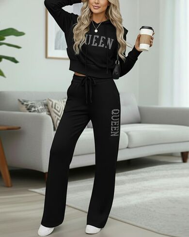 ملابس CHICME النسائية المكونة من قطعتين لربيع 2026 بقلنسوة قصيرة وسراويل رياضية واسعة الساق بدلة رياضية غير رسمية in Kuwait