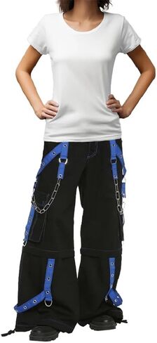 Gothic Punk Black Cargo Pants with Blue Straps, Wide Leg Streetwear Chain Pants, Alternative Fashion Y2K Hip Hop Style in Saudi Arabia