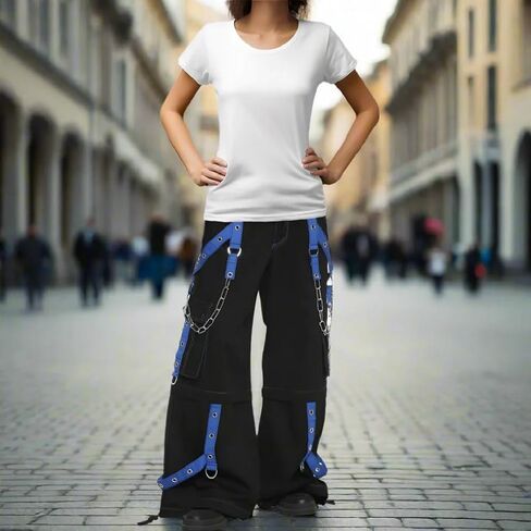 Gothic Punk Black Cargo Pants with Blue Straps, Wide Leg Streetwear Chain Pants, Alternative Fashion Y2K Hip Hop Style in Saudi Arabia