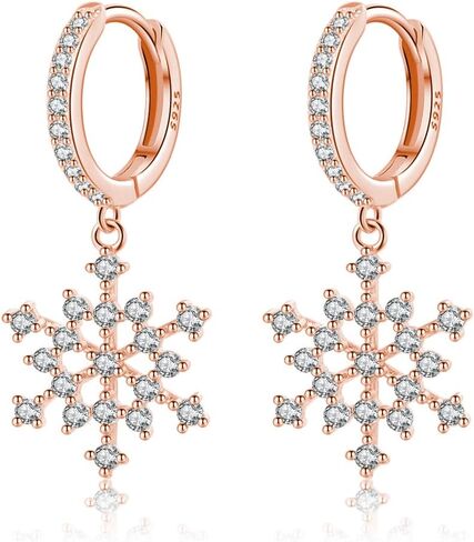 Reffeer Solid 925 Sterling Silver Snowflake Drop Earrings Hoops for Women Girls CZ Snowflake Dangle Earrings Huggie in Saudi Arabia