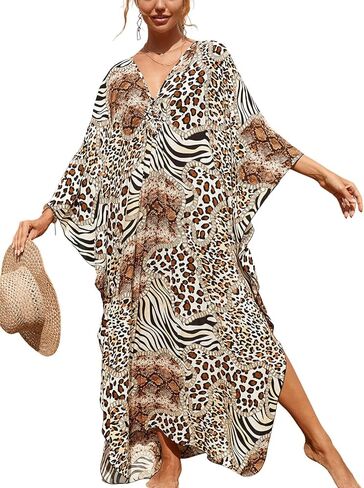 Women's Plus Size Animal Print V-Neck Batwing Kaftan Beach Dress Bathing Suit Cover-Up Loungewear in Saudi Arabia