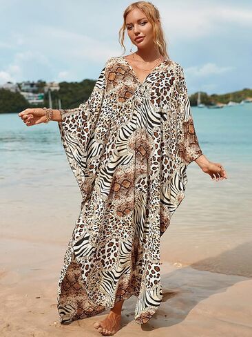 Women's Plus Size Animal Print V-Neck Batwing Kaftan Beach Dress Bathing Suit Cover-Up Loungewear in Saudi Arabia