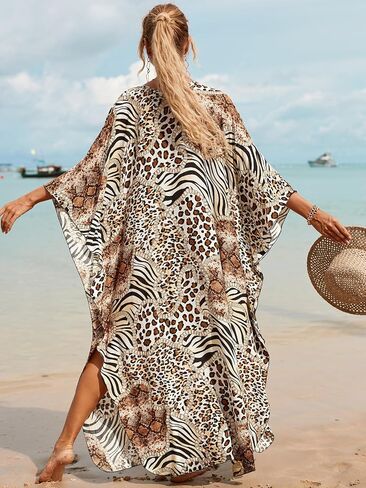 Women's Plus Size Animal Print V-Neck Batwing Kaftan Beach Dress Bathing Suit Cover-Up Loungewear in Saudi Arabia