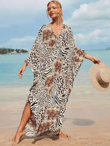 Women's Plus Size Animal Print V-Neck Batwing Kaftan Beach Dress Bathing Suit Cover-Up Loungewear in Saudi Arabia