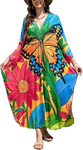 Women's Plus Size Animal Print V-Neck Batwing Kaftan Beach Dress Bathing Suit Cover-Up Loungewear in Saudi Arabia