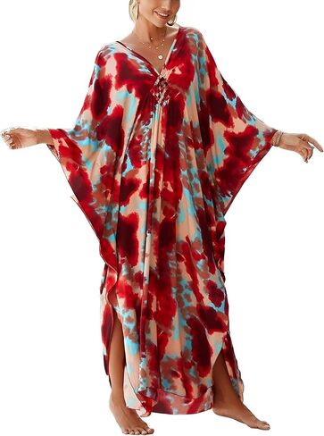 Women's Plus Size Animal Print V-Neck Batwing Kaftan Beach Dress Bathing Suit Cover-Up Loungewear in Saudi Arabia