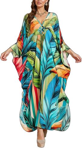Women's Plus Size Animal Print V-Neck Batwing Kaftan Beach Dress Bathing Suit Cover-Up Loungewear in Saudi Arabia