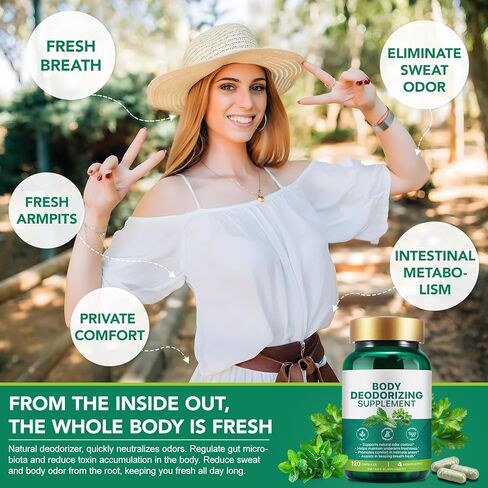 ملحق إزالة الروائح الكريهة للجسم | التحكم الطبيعي في الرائحة الداخلية | كبسولات الكلوروفيل | بالكلوروفيلين والبقدونس والنعناع | لصحة الجلد والنفس والجسم | كمية تكفي لمدة 4 أشهر - 120 كبسولة in Kuwait