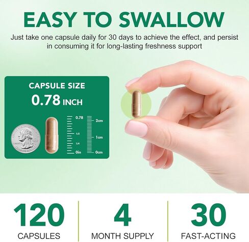 ملحق إزالة الروائح الكريهة للجسم | التحكم الطبيعي في الرائحة الداخلية | كبسولات الكلوروفيل | بالكلوروفيلين والبقدونس والنعناع | لصحة الجلد والنفس والجسم | كمية تكفي لمدة 4 أشهر - 120 كبسولة in Kuwait
