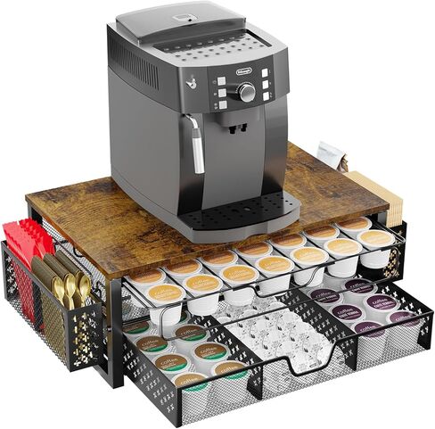 Simple Trending 2 Tier Coffee Pod Holder for K-Cups, with Sliding Storage Drawer and Coffee Accessories Holder，with Mug Rack，Coffee Maker Stand, 32 Capsule Organizer,Black in Kuwait