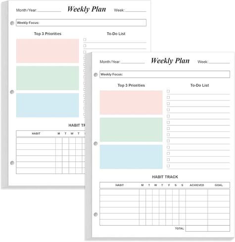 3-Hole Weekly Planner Refills - 53 Sheets/106 Pages Colorful Weekly Planner for 3 Ring Binders, 100 gsm White Paper, Lasts 1 Year, Undated, 8.5'' x 11'' in Saudi Arabia