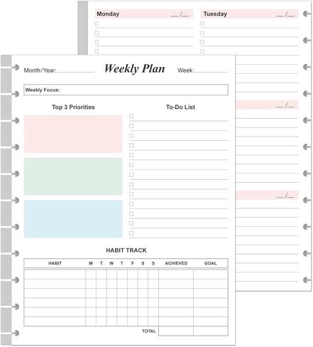 3-Hole Weekly Planner Refills - 53 Sheets/106 Pages Colorful Weekly Planner for 3 Ring Binders, 100 gsm White Paper, Lasts 1 Year, Undated, 8.5'' x 11'' in Saudi Arabia