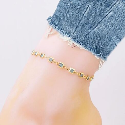 RMZ GOLD NYC 18K-Gold-Plated Light Blue Square-Crystal Anklet in Saudi Arabia
