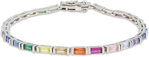 AFFY 14k Gold Plated 925 Sterling Silver Colourful Bar Setting Rainbow Baguette Sparkling Multi Color Sapphire Gemstone Tennis Bracelet, Jewelry for womens in Kuwait