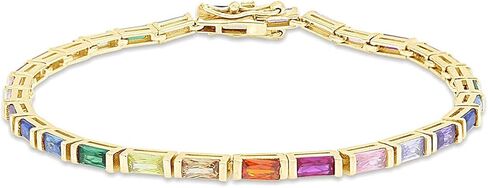 AFFY 14k Gold Plated 925 Sterling Silver Colourful Bar Setting Rainbow Baguette Sparkling Multi Color Sapphire Gemstone Tennis Bracelet, Jewelry for womens in Saudi Arabia