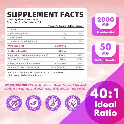 مكمل softbear Inositol للنساء، علكات Myo-Inositol وD-Chiro Inositol مثالية بنسبة 40:1 لصحة وعافية الإناث، خالية من السكر/الخضار/الكائنات المعدلة وراثيًا، نكهة الفراولة، 60 قطعة in Kuwait