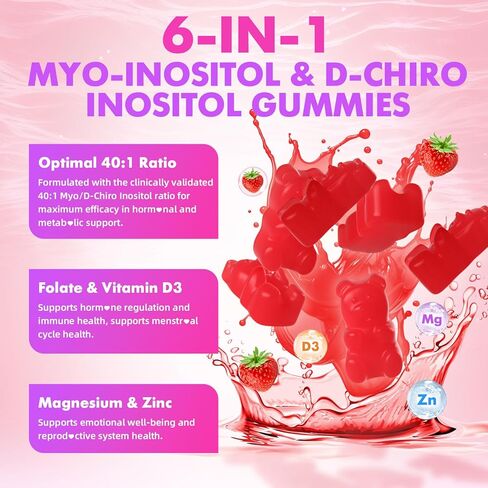 مكمل softbear Inositol للنساء، علكات Myo-Inositol وD-Chiro Inositol مثالية بنسبة 40:1 لصحة وعافية الإناث، خالية من السكر/الخضار/الكائنات المعدلة وراثيًا، نكهة الفراولة، 60 قطعة in Kuwait