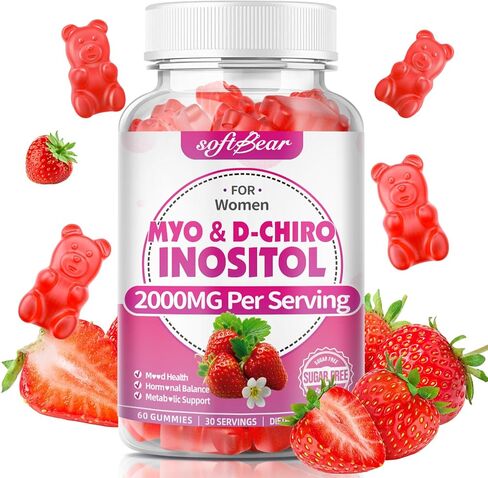 مكمل softbear Inositol للنساء، علكات Myo-Inositol وD-Chiro Inositol مثالية بنسبة 40:1 لصحة وعافية الإناث، خالية من السكر/الخضار/الكائنات المعدلة وراثيًا، نكهة الفراولة، 60 قطعة in Kuwait