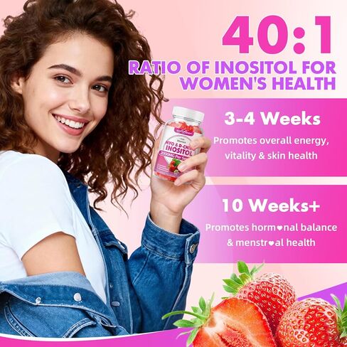 مكمل softbear Inositol للنساء، علكات Myo-Inositol وD-Chiro Inositol مثالية بنسبة 40:1 لصحة وعافية الإناث، خالية من السكر/الخضار/الكائنات المعدلة وراثيًا، نكهة الفراولة، 60 قطعة in Kuwait