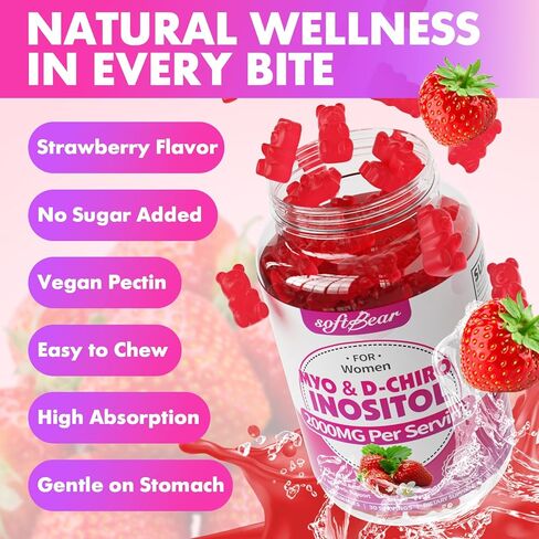 مكمل softbear Inositol للنساء، علكات Myo-Inositol وD-Chiro Inositol مثالية بنسبة 40:1 لصحة وعافية الإناث، خالية من السكر/الخضار/الكائنات المعدلة وراثيًا، نكهة الفراولة، 60 قطعة in Kuwait