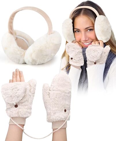 2 Pcs Winter Ear Muffs Mittens Set Faux Fur Flip Mittens Fuzzy Cute Fluffy Earmuffs Convertible Warm Gloves for Women in Saudi Arabia
