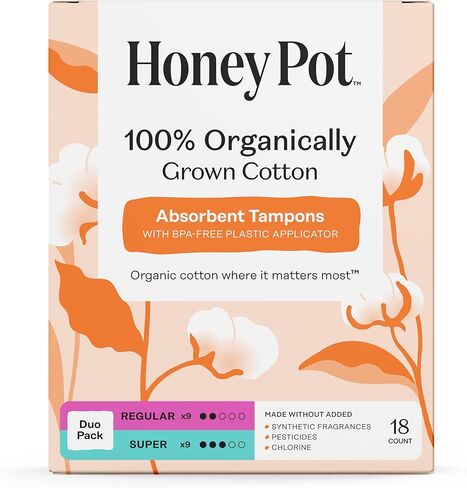 The Honey Pot Company - عبوات متعددة - سدادات قطنية عضوية 100% مع أداة توزيع بلاستيكية حيوية - امتصاص عادي وفائق - غير معطرة - عناية أنثوية - 54 قطعة (3 عبوات من 18 قطعة) in Kuwait