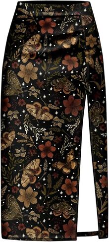 Women's Vintage Floral Graphic Midi Skirts High Waisted Bodycon Skirt with Slit in Kuwait