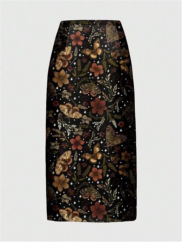 Women's Vintage Floral Graphic Midi Skirts High Waisted Bodycon Skirt with Slit in Kuwait