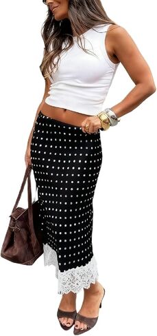 Women Polka Dot Satin Lace Skirt Silk Lace Trim Long Skirts A Line Vintage Y2k Going Out Streetwear in Saudi Arabia