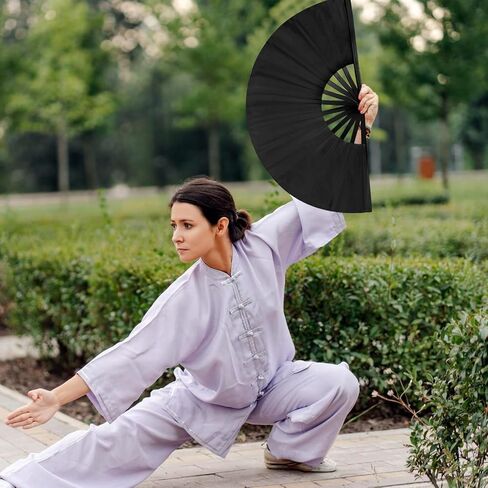 2 Pcs Black Folding Hand Fan, Classic Style Fan Fabric Bamboo Chinese Kung Fu Tai Chi Nylon-Cloth Fans for Dance Wedding Party Favor Performance Home Decoration Festival Gift in Saudi Arabia