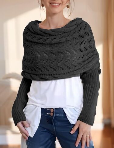 Women's Knitted Cable Wrap Sweater - Cozy Double Sleeve Shawl with Lengthening Scarf in Saudi Arabia