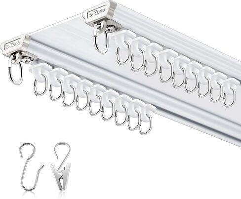 Juexica Ceiling Curtain Double Track Set 3ft-13ft/4 Meter White Double Curtain Track Ceiling Mount Heavy Duty Room Divider Adjustable Length Rails with Clips Hooks End Hook in Saudi Arabia