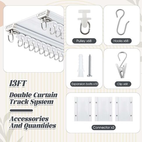 Juexica Ceiling Curtain Double Track Set 3ft-13ft/4 Meter White Double Curtain Track Ceiling Mount Heavy Duty Room Divider Adjustable Length Rails with Clips Hooks End Hook in Saudi Arabia