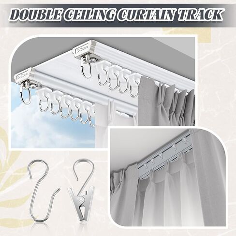 Juexica Ceiling Curtain Double Track Set 3ft-13ft/4 Meter White Double Curtain Track Ceiling Mount Heavy Duty Room Divider Adjustable Length Rails with Clips Hooks End Hook in Saudi Arabia