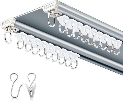 Juexica Ceiling Curtain Double Track Set 3ft-13ft/4 Meter White Double Curtain Track Ceiling Mount Heavy Duty Room Divider Adjustable Length Rails with Clips Hooks End Hook in Saudi Arabia