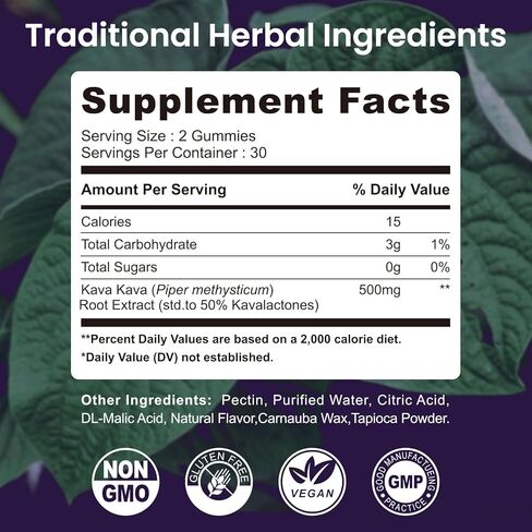 Kava Gummies 500mg, High Absorption Kava Root Extract Supplement With 50% Kavalactones for Mood, Sleep and Stress Suppport, Sugar Free, Blueberry Flavor, 60 Count in Saudi Arabia