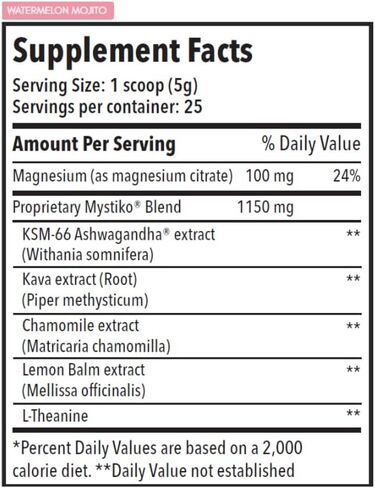 مزيج مسحوق مشروب مهدئ طبيعي من ميستيكو مع الكافا والأشواغاندا والمغنيسيوم والثيانين وبلسم الليمون والبابونج - نكهة البطيخ موهيتو، خالي من السكر والسعرات الحرارية الصفرية، مشروب الكافا - 25 حصة in Kuwait