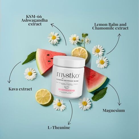 مزيج مسحوق مشروب مهدئ طبيعي من ميستيكو مع الكافا والأشواغاندا والمغنيسيوم والثيانين وبلسم الليمون والبابونج - نكهة البطيخ موهيتو، خالي من السكر والسعرات الحرارية الصفرية، مشروب الكافا - 25 حصة in Kuwait