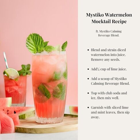 مزيج مسحوق مشروب مهدئ طبيعي من ميستيكو مع الكافا والأشواغاندا والمغنيسيوم والثيانين وبلسم الليمون والبابونج - نكهة البطيخ موهيتو، خالي من السكر والسعرات الحرارية الصفرية، مشروب الكافا - 25 حصة in Kuwait