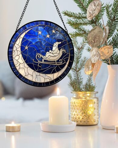 Stained Glass Window Hangings - Blue White Moon Stars Suncatcher for Door Home Christmas Decor Dream Sun Catcher Thanksgiving New Year Birthday Gifts for Women Men Mom Nana 9.8 in in Saudi Arabia