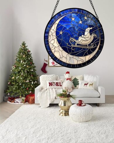 Stained Glass Window Hangings - Blue White Moon Stars Suncatcher for Door Home Christmas Decor Dream Sun Catcher Thanksgiving New Year Birthday Gifts for Women Men Mom Nana 9.8 in in Saudi Arabia