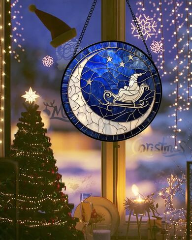 Stained Glass Window Hangings - Blue White Moon Stars Suncatcher for Door Home Christmas Decor Dream Sun Catcher Thanksgiving New Year Birthday Gifts for Women Men Mom Nana 9.8 in in Saudi Arabia