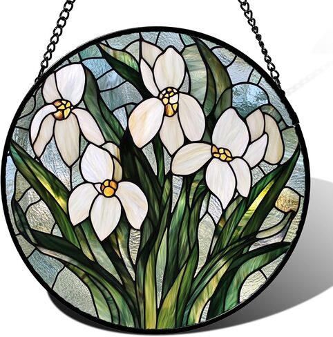 نافذة من الزجاج الملون معلقة - زهور الثلج البيضاء الخضراء والزهور Suncatcher للأبواب والحديقة والفناء وصيد الشمس ديكور عيد الميلاد وعيد الأم وهدايا عيد الميلاد للنساء والرجال والأم نانا فريند 9.8 بوصة in Kuwait