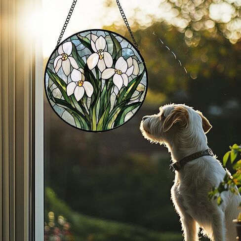 نافذة من الزجاج الملون معلقة - زهور الثلج البيضاء الخضراء والزهور Suncatcher للأبواب والحديقة والفناء وصيد الشمس ديكور عيد الميلاد وعيد الأم وهدايا عيد الميلاد للنساء والرجال والأم نانا فريند 9.8 بوصة in Kuwait